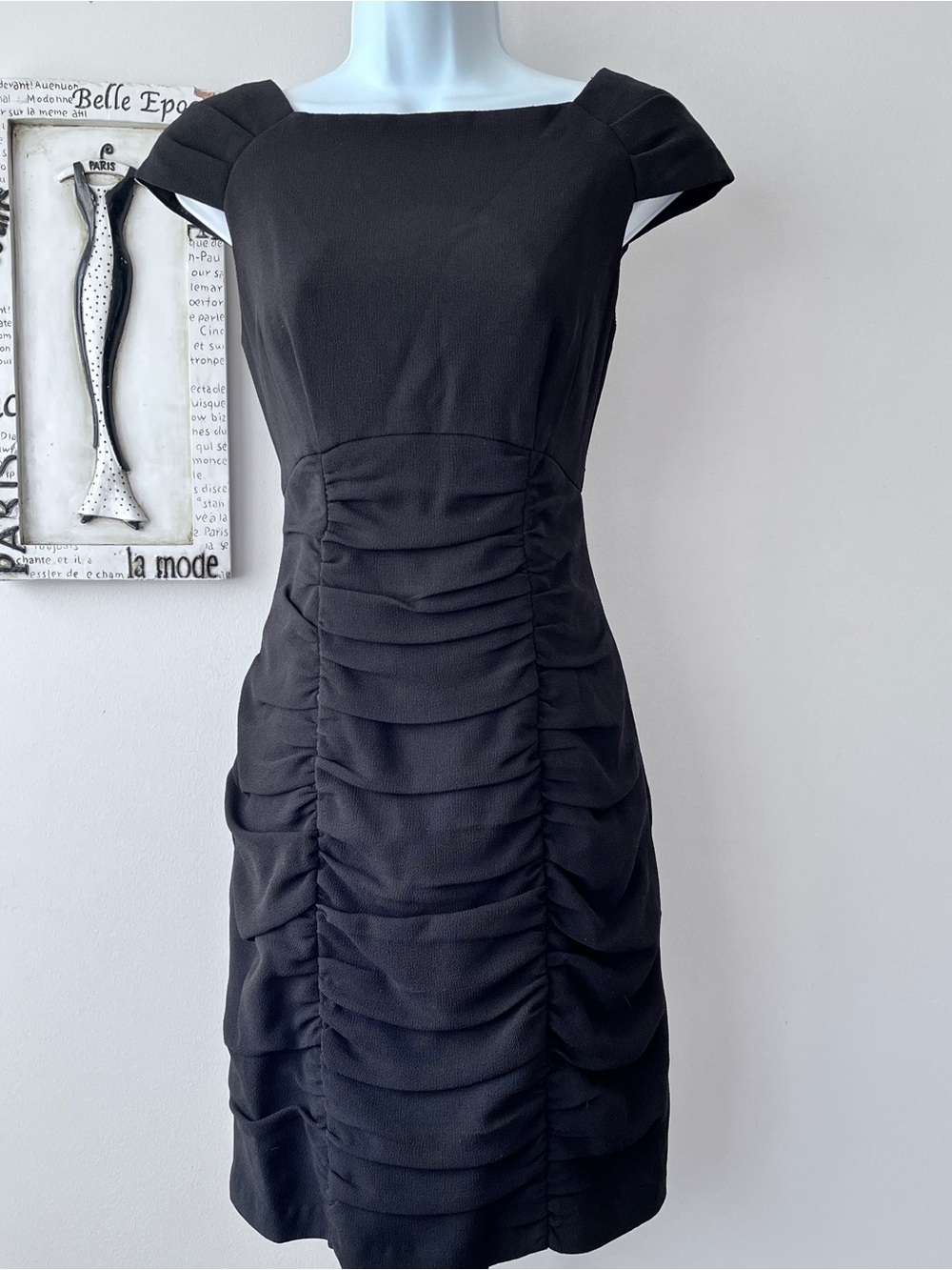 Y2K Nanette Lepore Black Ruched Sheath Cocktail Wedding Guest Dress Size 6
